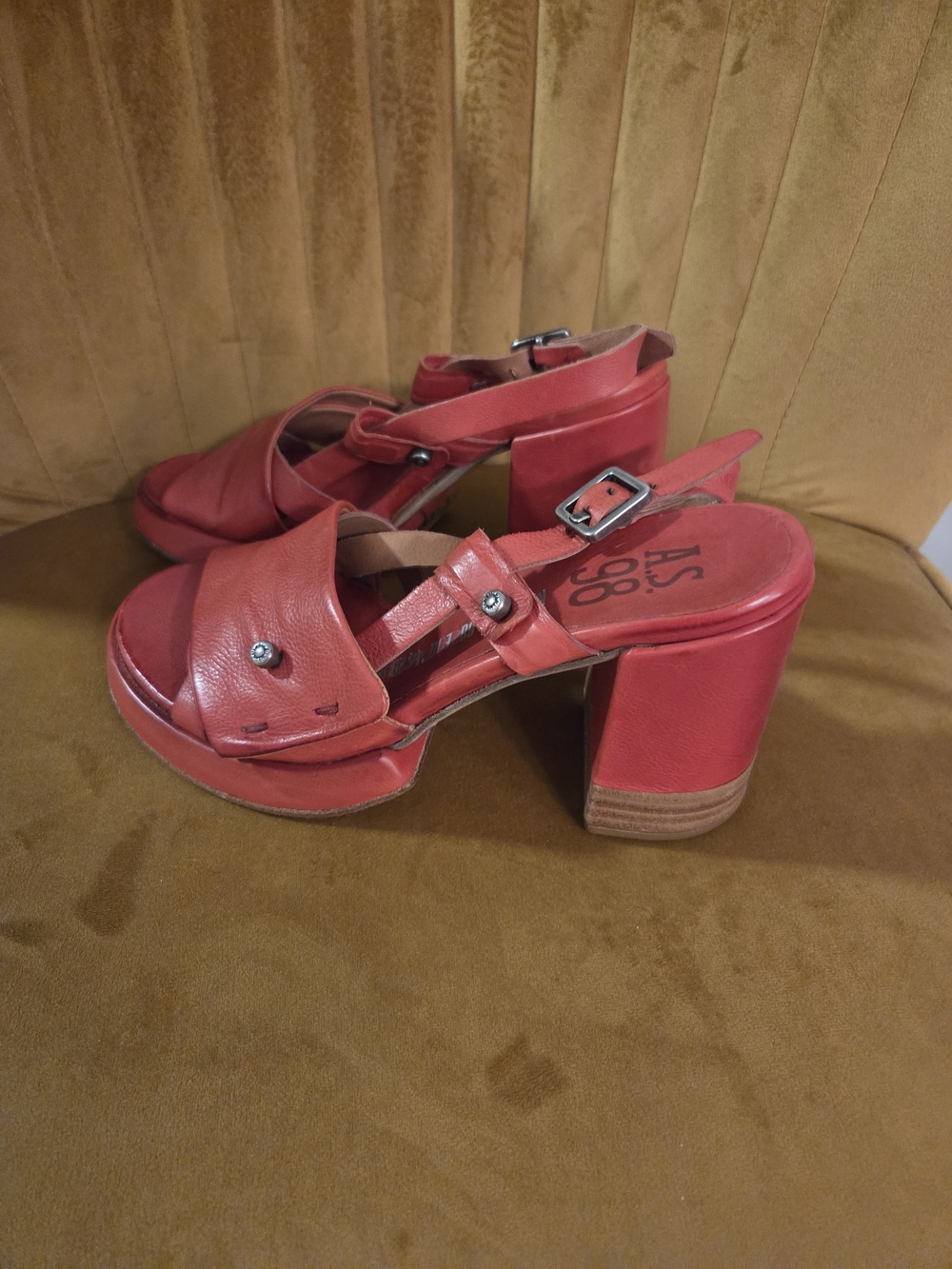 A.S.98 Red Leather Chunky Heel Sandals with Buckle